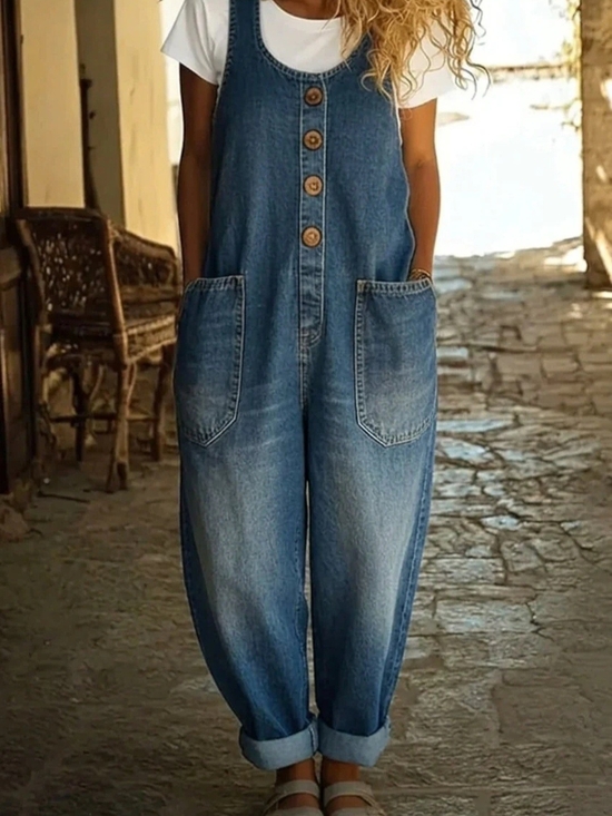 boutique unbranded Denim - NWOT Boutique Blue Denim Button-Front Women's Overalls Large